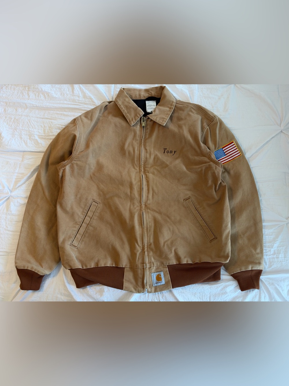 Carhartt Men’s XL Regular Brown Zip Front Lined Jacket Embroidered USA Patch